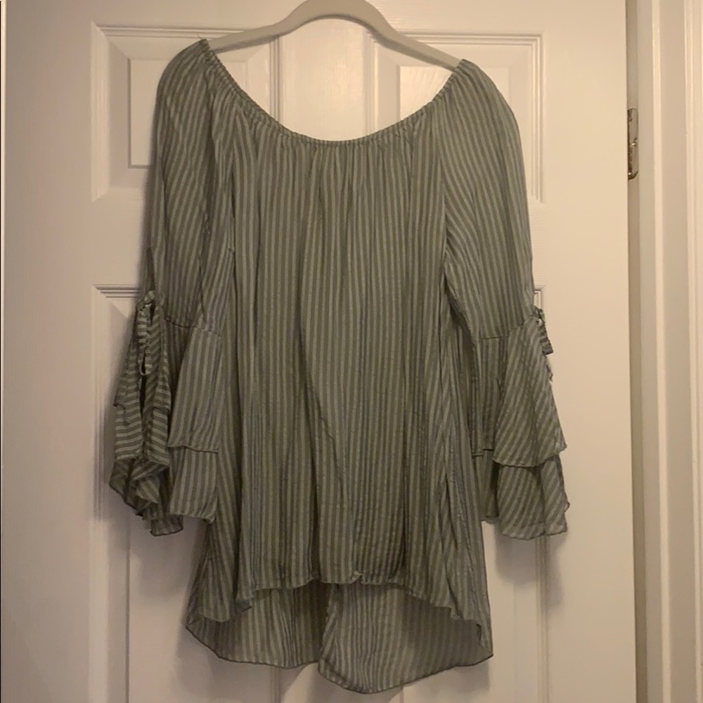 Olive green and white striped blouse